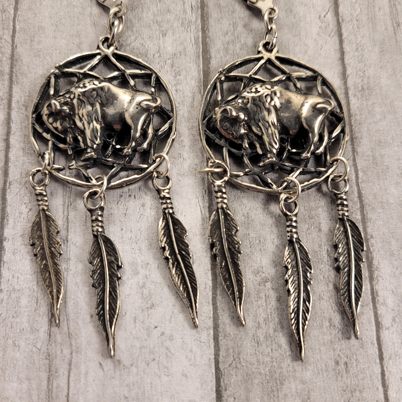 Native American Jewelry Sterling Silver Dreamcatcher Dangle Feather Earrings !